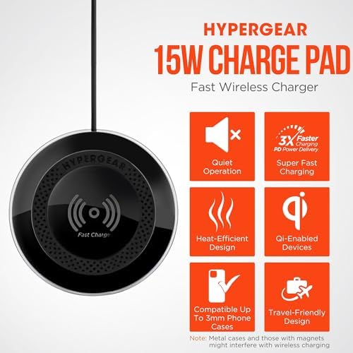 Hyper Gear Charge Pad Pro: 15 W Fast Wireless Charger with Soft Grips & LED Indicator – Sleek Black Design for i Phone & Android Compatibility – Ultimate Convenience in Mobile Power Solutions