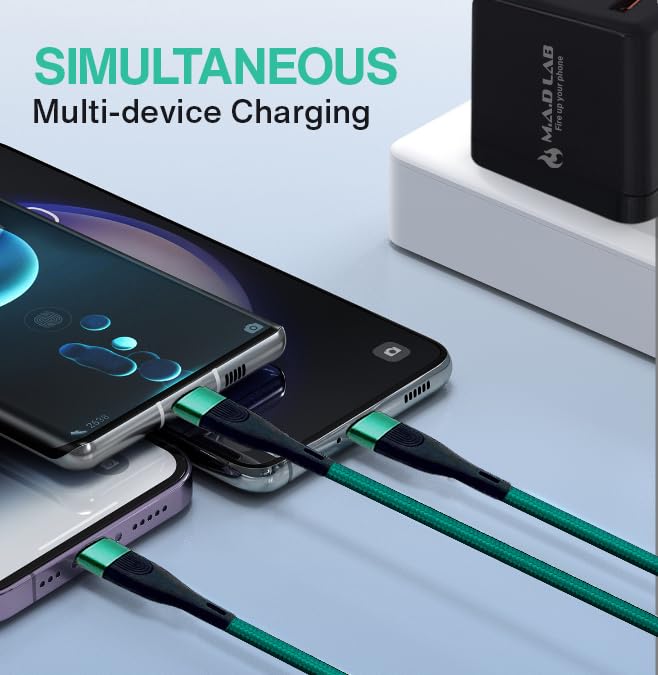 M.A.D LAB 3-in-1 USB C Charging Cable – Ultimate 100 W Fast Charge Solution with E-Marker Chip for Lightning, Micro USB & USB C Devices, Durable 1.3 m Nylon Braided Design for Enhanced Longevity and 480 Mbps Data Transfer Speeds