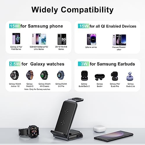Ultimate Fast Wireless Charging Station for Samsung Devices – Sleek Qi Charger for Galaxy S23 Ultra, Z Flip, Fold 5/4/3, i Phone & More – Efficient Charging for Galaxy Watch 6/5 Pro and Buds – Safe, Tangle-Free Power Solution in White