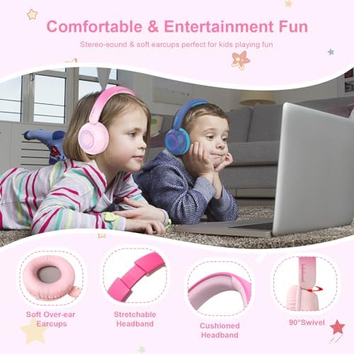 Vibrant LED Bluetooth Headphones for Kids – Lightweight, Hearing-Safe Design with Adjustable Volume Limits, Built-in Microphone, and Ultimate Comfort for School, Travel, and Home – Compatible with Tablets and Smartphones