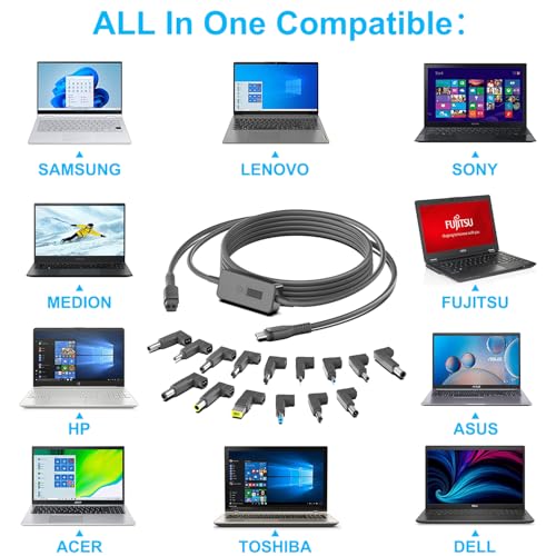 Universal 7 Ft USB-C to DC Adapter with 15 Versatile Connector Tips – Adjustable Voltage Output 5 V-28 V for Rapid Charging of Laptops, Mini PCs, Printers, and More – Compact Travel-Friendly Design for Enhanced Portability and Compatibility – Experience Optimal Power Delivery for Diverse Electronic Devices – Ideal for Quick Charging of HP, Dell, Lenovo, and Other Brands – Perfect Solution for Efficient Charging Needs at Home or On-the-Go – Extra Long Cable for Maximum Flexibility in Various Settings – Reliable Fast Charging Protocol Support for All Round Charging Ports – Elevate Your Charging Experience with This All-In-One Adapter Solution