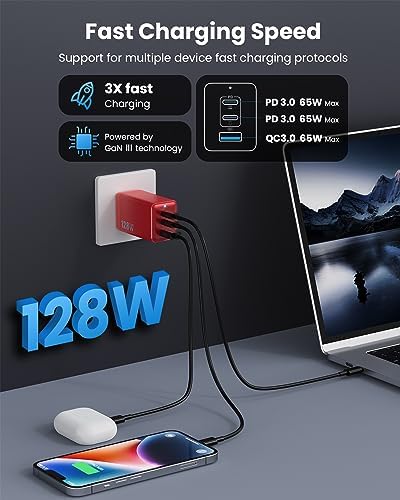 High-Efficiency 128 W USB C Wall Charger – Ga N III 3-Port Fast Charging Hub for Mac Book, i Phone, Galaxy & More – Portable 65 W Adapter with Foldable Design for Ultimate Convenience and Speed