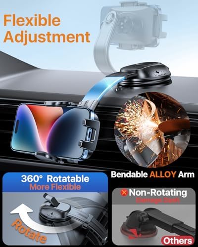 HTU Premium Adjustable Suction Car Phone Holder with Bendable Arm – Ultimate Dashboard and Windshield Mount for i Phone 16, 15, 14, 13, 12 Pro Max (Black) – Secure Grip, 360-Degree Rotation, Enhanced Safety and Usability