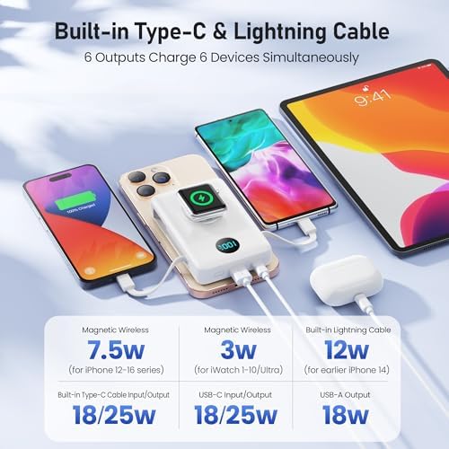 Revolutionary Magnetic Portable Charger for i Phone – 6-in-1 Power Bank with 10,800 m Ah Capacity, Built-in Cables, Apple Watch Charger, and LCD Display – 25 W PD Fast Charging for i Phone 16/15/14/13/12 and Mag Safe Compatibility – Ultimate On-the-Go Charging Solution