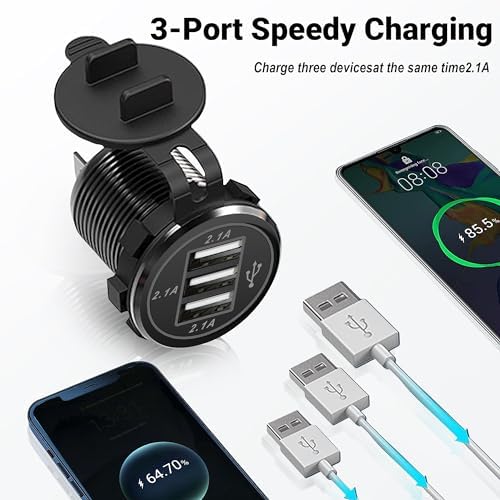 Versatile 12 V/24 V Dual USB Charger Socket – 3-Port Power Hub for Cars, Boats, RVs, and More – 2-Pack with Rapid Charging Capability and Waterproof Design for All Vehicle Types