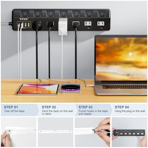 Ultimate Wall-Mounted Power Strip with USB Ports: 5 FT Extension Cord Featuring 6 Individually Switchable Outlets, 4 USB Charging Ports (1 USB-C PD 20 W & 3 USB-A QC 20 W), 70 W Total Capacity, Overload Protection for Enhanced Safety and Versatility