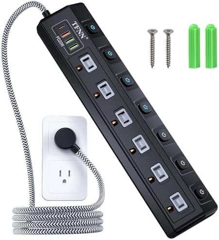 Ultimate Wall-Mounted Power Strip with USB Ports: 5 FT Extension Cord Featuring 6 Individually Switchable Outlets, 4 USB Charging Ports (1 USB-C PD 20 W & 3 USB-A QC 20 W), 70 W Total Capacity, Overload Protection for Enhanced Safety and Versatility