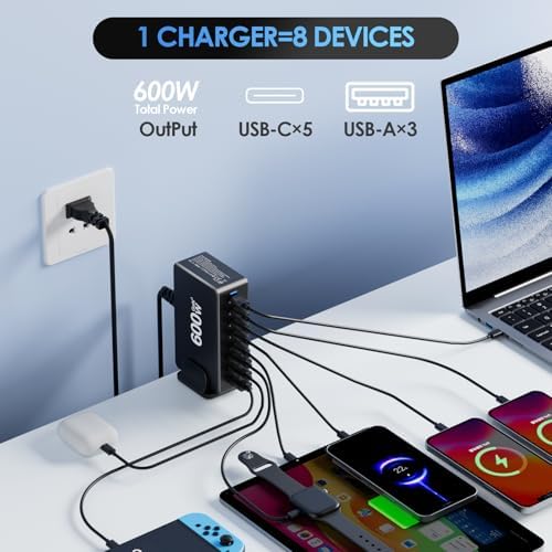 Ultra-Fast 500 W Ga N III 8-Port USB C Charging Hub – Multi-Device Fast Charger Station for Mac Book, i Phone, i Pad, Dell & More – Optimized for Speed and Versatility in Home & Office Charging Solutions