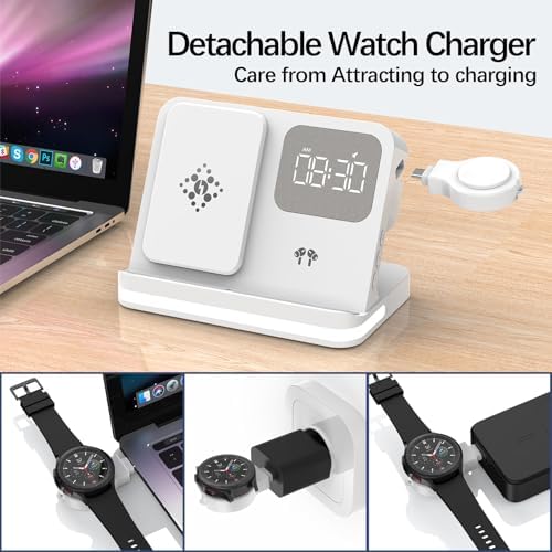Revolutionary 5-in-1 Wireless Charging Station with Digital Clock, Night Light, and Temperature Display – 15 W Fast Charge for Qi Phones, Smartwatches & TWS Earbuds – Enhanced Safety Features and Space-Saving Design for Home or Travel