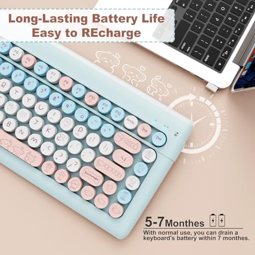 SADES Retro Wireless Bluetooth Keyboard for Mac, i Pad, i Phone, PC & Android – Multi-Device Connectivity & Portable Design with Vintage Round Keycaps – Perfect for Effortless Typing on the Go in Chic Pink