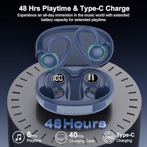 Ultimate Wireless Earbuds with Bluetooth 5.3 – Sport-Ready Headphones Featuring Advanced ENC Noise Cancellation, 48-Hour Battery Life, Secure Fit Earhooks, Deep Bass Sound, and IP7 Waterproofing for Peak Performance – Sleek Black Design for Active Users