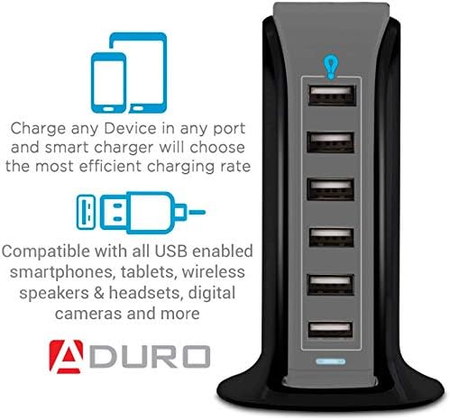 Aduro 40 W 6-Port USB Desktop Charging Hub – Multi-Device Power Station with Smart Flow Technology for Fast Charging i Phones, i Pads, and Smartphones – Sleek, Compact Design for Home and Office Use – Reliable Safety Features Ensure Optimal Device Protection