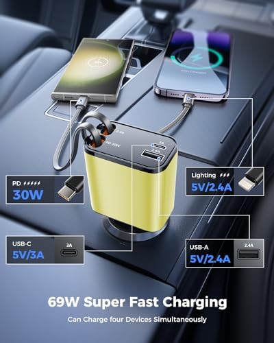 2025 SUPERONE 69 W Retractable Car Charger – Fast Charging Dual-Port Accessory for i Phone 16/15/14/13/12 & Samsung Devices, Tangle-Free Design, Ideal Gift for Men & Women, Essential Car Travel Companion