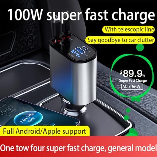 Revolutionary 4-in-1 Retractable Car Charger with Dual Ports – Fast Charging Solution Featuring Type C & Lightning Cables for Ultimate Compatibility and Efficiency – Tangle-Free, Durable Design for On-the-Go Power