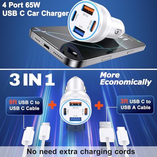 High-Powered 4-Port 65 W USB C Car Charger for Fast Charging – Dual USB-C & USB-A Ports with Included Car Play Cables, Compatible with i Phone 16/15/14/13/12 Pro Max, i Pad, Samsung S25 – Ultimate Solution for Road Trips and Daily Commutes