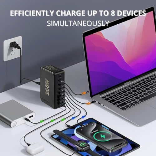 268 W Ga N USB Type C Multi-Port Fast Charging Station – 8-Port PD & QC4.0 Charger for Mac Book Pro/Air, i Phone 16/15/14/13/12, i Pads & Galaxy Note – Ultimate Solution for Rapid Device Charging on the Go