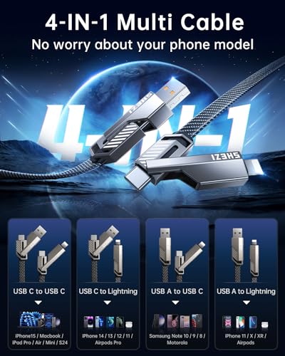SHEZI 4-in-1 Fast Charging USB C Cable – 60 W Power Delivery with Lightning, USB C, and USB A Ports – 5 FT Durable Flat Nylon Braided Cord – Stylish Pink Design for i Phone, i Pad, and More – High-Speed 480 Mbps Data Transfer Solution for All Your Devices