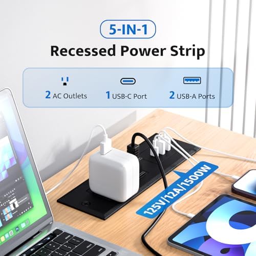 DOACE Space-Saving Recessed Power Strip with USB-C Fast Charging – Dual AC Outlets & Three USB Ports, 6 ft Cord for Effortless Connectivity in Home & Conference Settings – Clutter-Free, Efficient Power Solution for Modern Workspaces