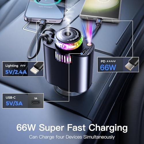 ORDA Starlight Retractable Car Charger & Essential Oil Diffuser – Fast USB-C Charging for i Phone 16/Pro Max/15/14/13/12/11, Samsung Galaxy S24/S23/S22/S21, Google Pixel – Dual Functionality for a Relaxing Drive with Aromatherapy Benefits