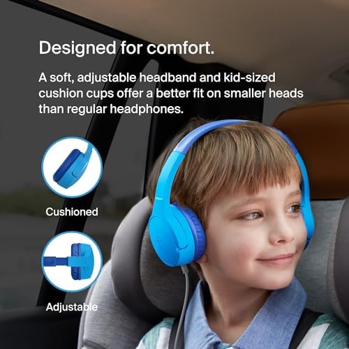 Belkin Sound Form Mini Kids Wireless Bluetooth Headphones – Safe 85 d B Volume Control, 30-Hour Playtime, Built-In Microphone – Lightweight On-Ear Style for i Phone, i Pad, Fire Tablet & More – Ideal for Learning, Entertainment & Safe Listening