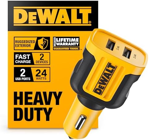 DEWALT 24 W Dual USB Car Charger Adapter – Heavy Duty Fast Charging Cigarette Lighter Power Source for i Phone, Samsung Galaxy & i Pad – Reliable, Durable & Safety-Enhanced On-the-Go Charging Solution for All Your Devices