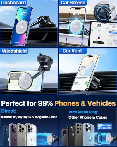 YRU 2025 Magnetic Phone Holder for Car – Superior Patented Magnet Technology for Seamless Dashboard or Windshield Mounting | Mag Safe Compatible | Sleek Black Design Perfect for i Phone 12-16 Pro Max & Samsung | Effortless Installation for Hands-Free Navigation & Calls | Built to Last for Everyday Use