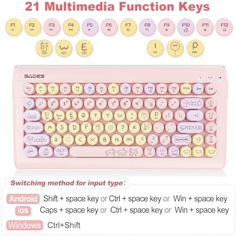 SADES Retro Wireless Bluetooth Keyboard for Mac, i Pad, i Phone, PC & Android – Multi-Device Connectivity & Portable Design with Vintage Round Keycaps – Perfect for Effortless Typing on the Go in Chic Pink