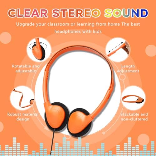 Bulk 36-Pack Classroom Headphones | Versatile Multi-Color 3.5 mm Jack Earphones for Students of All Ages | Comfortable, Durable, and Adjustable Headsets Ideal for Engaging Learning Environments and Collaborative Activities