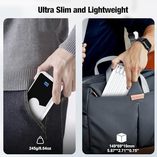 Ultimate Portable Charger with Built-in Cables – 10,000 m Ah High-Speed Power Bank for On-the-Go Charging – 5 Outputs & 3 Inputs – Sleek Purple Travel Battery Pack for i Phone, Samsung, i Pad, Tablets – Enhanced Durability & Convenience