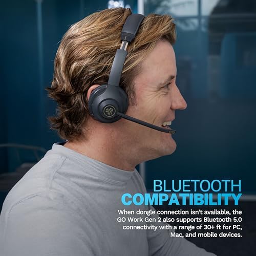 JLab Go Work Gen 2 Wireless Headset – Unmatched 55+ Hour Battery Life for All-Day Listening – Bluetooth Multipoint Technology for Seamless Laptop & Mobile Use – Versatile Wired/Wireless Compatibility with USB Dongle – Ergonomic On-Ear Design Perfect for Remote Work and Leisure Activities – Superior Sound Quality with Built-in Microphone for Clear Communication