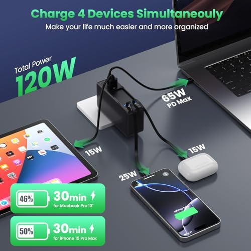 120 W Ga N IV USB-C Charger Station with Dual Retractable Cables – Fast Charging Wall Adapter for Mac Book, i Pad, i Phone 16/15/14, Galaxy S24 & Android Devices – Compact 4-in-1 Foldable Design for Effortless Travel and Enhanced Compatibility