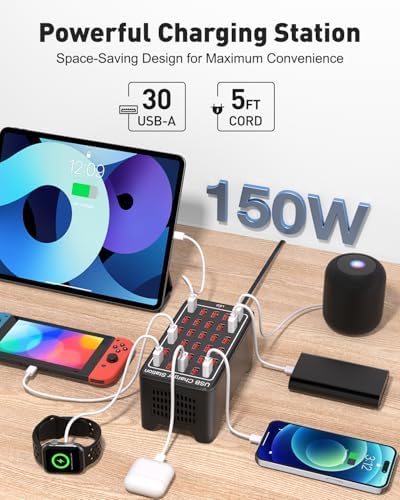 High-Speed 30-Port USB Charging Station – 150 W/30 A Multi-Device Rapid Charger with Smart Detect Technology for Efficient Charging of Smartphones, Tablets, and More – Ideal Travel and Desktop Solution for Busy Professionals and Families