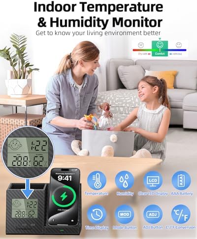 Multi-Functional Desk Organizer with Wireless Charging, Digital Thermometer & Humidity Monitor – Stylish Brown Pen Holder for Home Office Efficiency and Clutter-Free Workspace