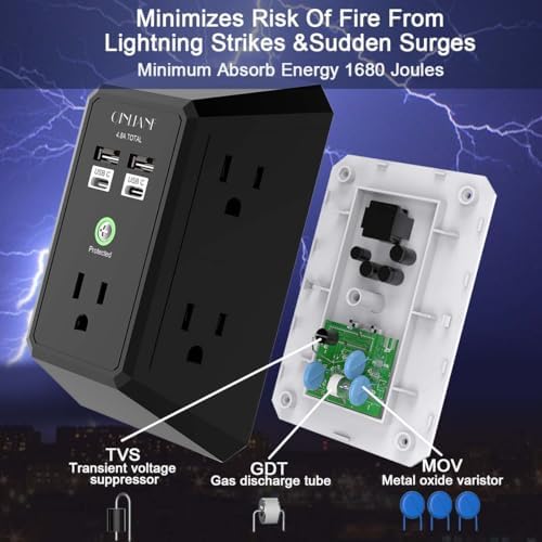 QINLIANF 5-Outlet USB Wall Charger with Surge Protection – 4 USB Ports (4.8 A Total) Power Strip Extender, 3-Sided Design for Easy Access, 1680 J Surge Defense, Compact Multi-Plug Adapter for Home, Travel, and Office Use – Elevate Your Charging Experience with Versatile Compatibility and Safety