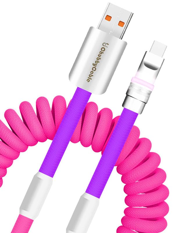 Neon Chubby Spiral Charge Cable – Vibrant 2.29-3.6 FT Type-C Coiled Charger for USB-C and Carplay Devices, Fast Sync and Charge, Tangle-Free Design in Bold Purple and Light Green, Perfect for Smartphones and Tablets