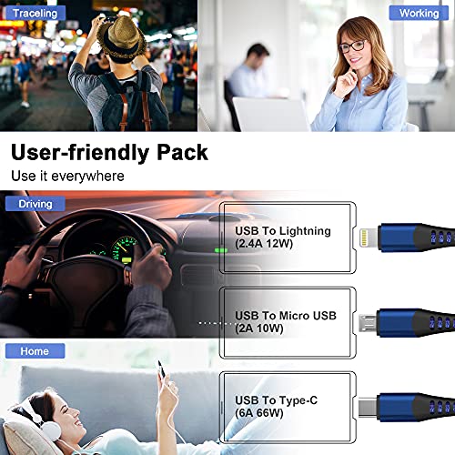 Ultimate 3 in 1 USB Long Charger Cable – 3 M/10 FT Braided Fast Charging Cord with Universal USB C, Micro USB & Lightning Connectors – 6 A Power Delivery for Rapid Device Charging – Durable & Tangle-Free Multi-Device Charging Solution