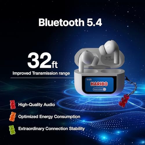 Haribo Gummy Bear Wireless Earbuds – Bluetooth 5.4 Noise Cancelling Headphones with IPX4 Water Resistance, 13 mm Bass for Deep Sound, and LCD Touchscreen Charging Case for Effortless Audio Experience