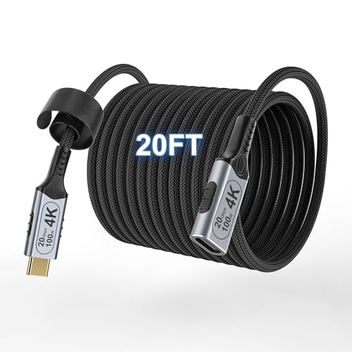 20 ft USB C Braided Extension Cable – High-Speed 20 Gbps Data Transfer, 100 W Fast Charging, 4 K@60 Hz Video Output – Durable USB-C Male to Female Connector for Enhanced Compatibility and Performance