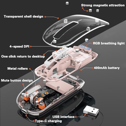 Sleek Gray Transparent Mini Silent Mouse – Rechargeable Type-C Wireless Mouse with Power Display & Magnetic Cover for Effortless Cleaning – Ideal for PC, Laptop, and Phone Use – Ergonomic Design for Ultimate Comfort