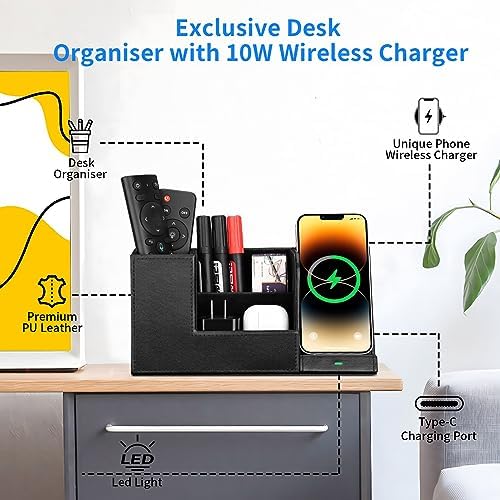 Ultimate Wireless Charging Station & Desk Organizer for i Phone 15/14/13/12/11 Pro Max & Samsung Galaxy S23/S22/S21/S20/Z Flip/Fold 5 – Fast Charging & Clutter-Free Workspace Solution with Premium Leather Finish for Enhanced Productivity