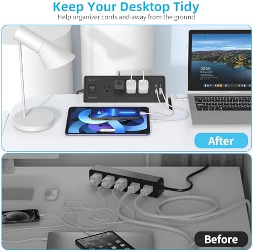 Maximize Your Workspace with Our Desk Clamp Power Strip Featuring USB C – 4 Outlets, 4 USB Ports, and 6.5 ft Flat Plug Extension Cord for Effortless Charging – Secure, Space-Saving Surge Protector for Tabletops Up to 2.2 Inches Thick, Sleek Black Finish Ideal for Home and Office Use, Enhanced Charging Speed and Device Compatibility
