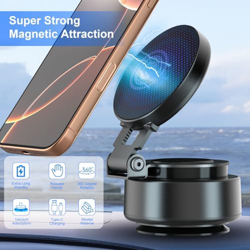 Magnetic Mobile Phone Holder for Car, 360 Adjustable Rotation Electric Vacuum Suction Cup Phone Mount with Extendable Arm, Compactable & Portable Hands-free Cell Phone Holder for Car Outdoor Home – Enhanced Compatibility and Speed