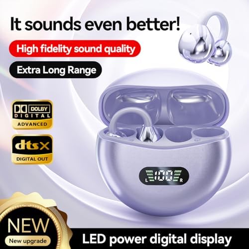 Open Ear Bluetooth 5.4 Clip-On Earbuds – Ultra-Lightweight & Waterproof Headphones with 60-Hour Battery Life for Active Lifestyles – Stylish Purple Design for Glasses Wearers & All-Day Comfort