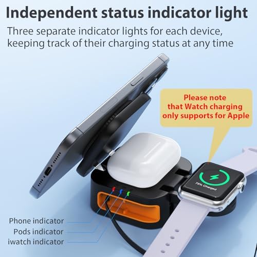 Magnetic 3-in-1 Wireless Charging Station for Apple Devices – Foldable & Portable Charger with Retractable Cable Stand for i Phone 16/15, Apple Watch, Air Pods (Black) – Enhanced Speed, Smart Safety System, and Adjustable Viewing Angles