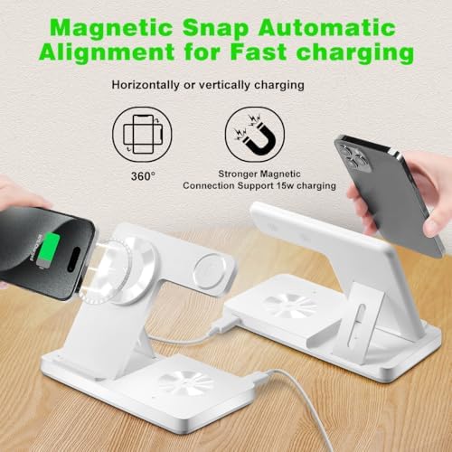 Revolutionary 3-in-1 Magnetic Wireless Charging Station for Mag Safe i Phone 12-16 Series, Effortless Charging Hub for Apple Watch (Series 2-10, Ultra, SE) & Air Pods (3, 2, Pro) – Rapid Charge Technology, Space-Saving Design, Ultimate Device Compatibility and Durability