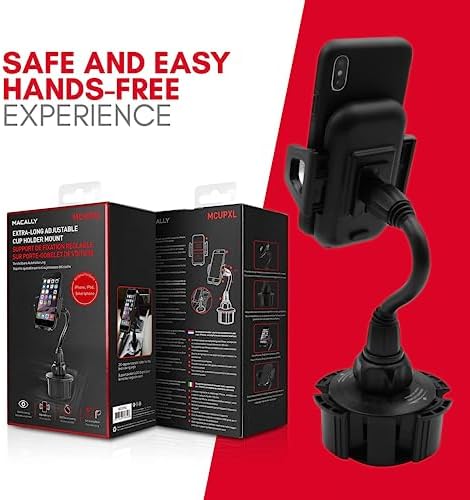 Universal Smartphone Cup Holder Mount by Macally – Adjustable Car Phone Holder for i Phone, Samsung & All Smartphones – Secure, Flexible, and 360-Degree Rotatable Design for Safe Driving and Easy Access