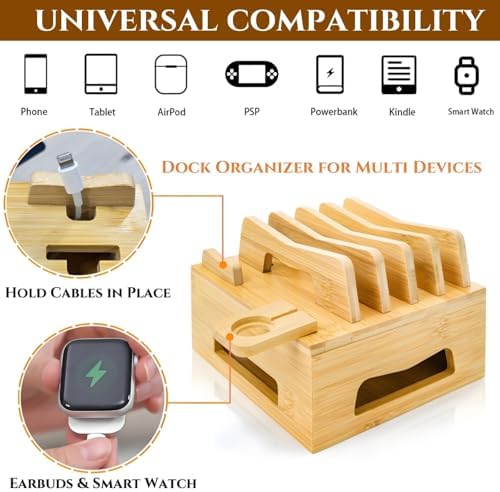 Eco-Friendly Bamboo Multi-Device Charging Station – Versatile Desktop Dock for Smartphones, Tablets, and Smartwatches with Customizable Dividers and Fast Charging Ports for Efficient Cable Management and Stylish Organization