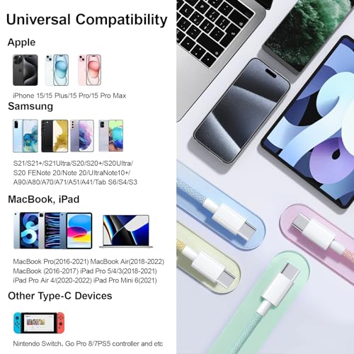 Premium 3-Pack USB C to USB C Charging Cables – 6.6 ft, 60 W Fast Charging & Robust Nylon Braiding for i Phone 15 Pro Max, i Pad, Samsung S23, and More – Versatile Data Transfer Up to 480 Mbps, Essential for Home, Office, and Travel Needs