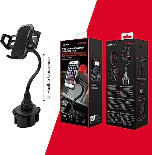 Universal Smartphone Cup Holder Mount by Macally – Adjustable Car Phone Holder for i Phone, Samsung & All Smartphones – Secure, Flexible, and 360-Degree Rotatable Design for Safe Driving and Easy Access