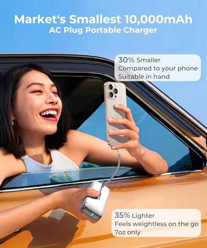 Ultimate 10,000 m Ah Portable Charger with Built-in USB-C Cable & Plug – Fast 22.5 W Power Bank for Seamless Charging of i Phone 16/15, Samsung Galaxy & i Pad – Compact Travel Essential with Triple Output Ports for Maximum Device Compatibility
